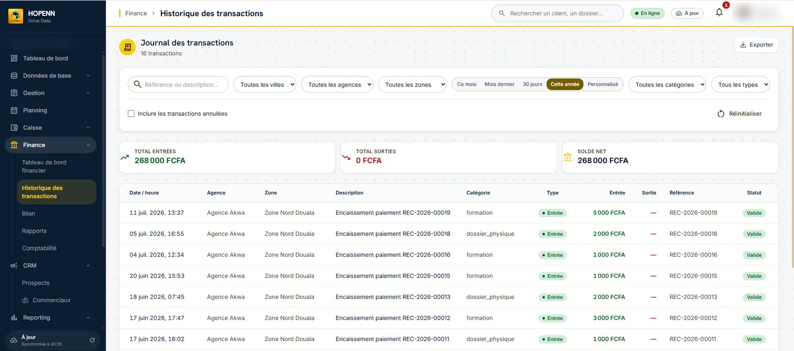 Transaction log: numbered receipts, amounts and statuses