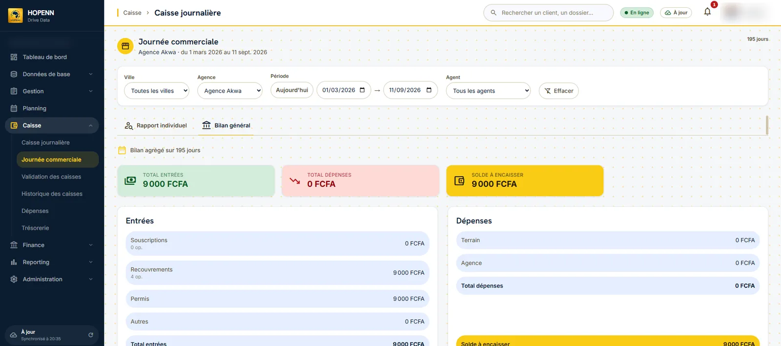 Sales day: income, expenses and balance to collect